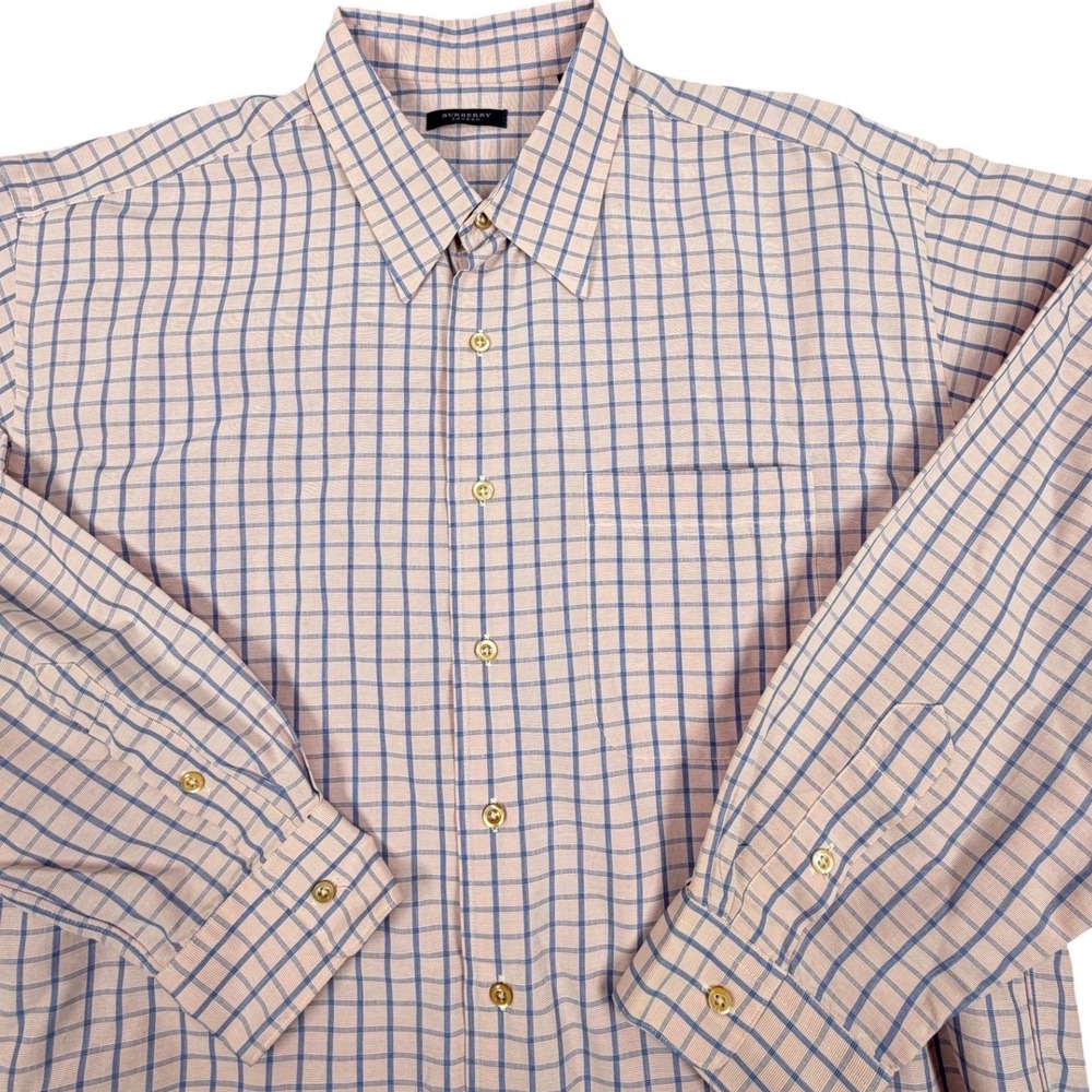Burberry Button Down Shirt Mens XL Pink Blue Plaid Long Sleeve Cotton USA